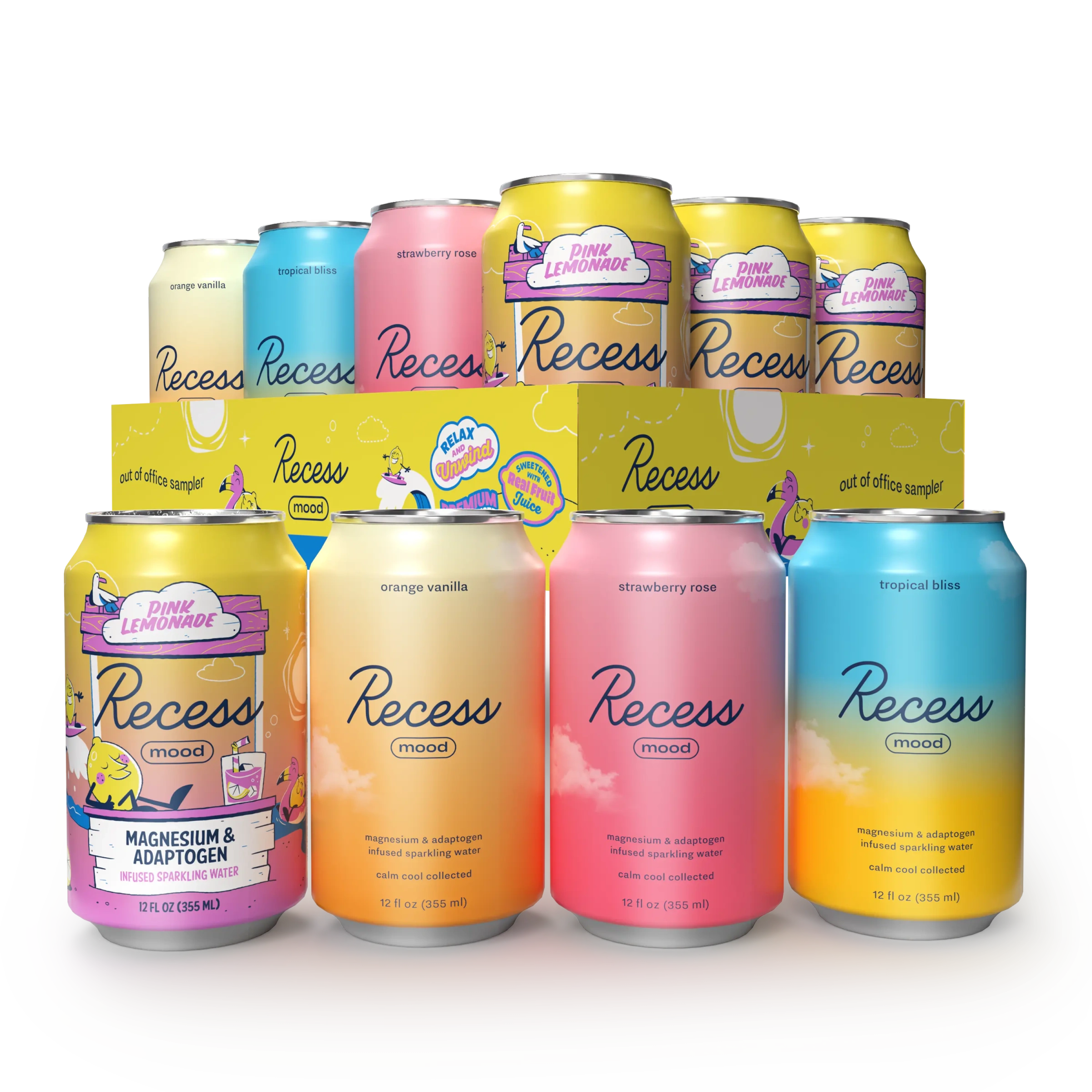A cluster of Recess Mood cans and powder tubs in a lineup