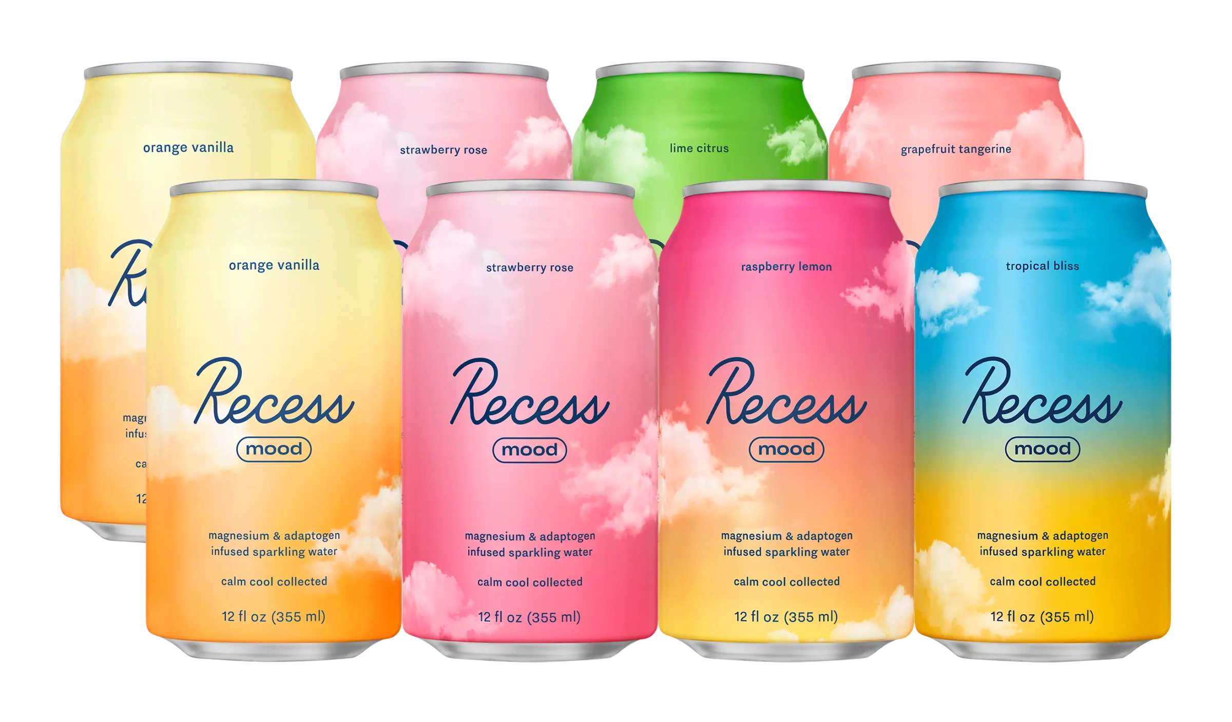 Recess Mood cans in a colorful lineup