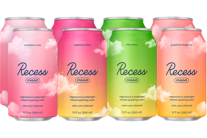 Recess Mood sparkling water cans in a row